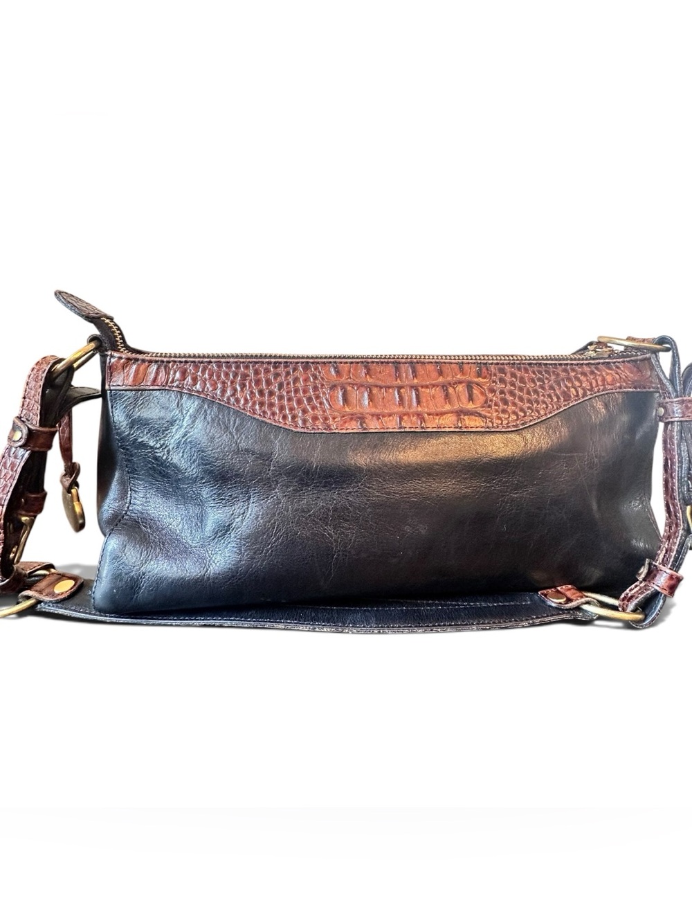 Vintage Brahmin Marcy Tuscan Baguette Bag Black Leather Brown Croc Embossed Trim